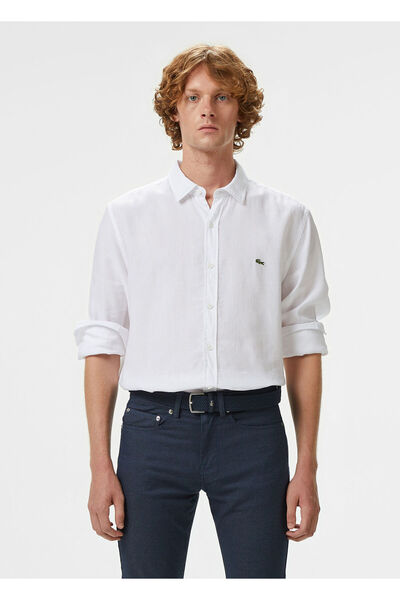 Lacoste Beyaz Keten Slim Fit Uzun Kollu Erkek Gömlek