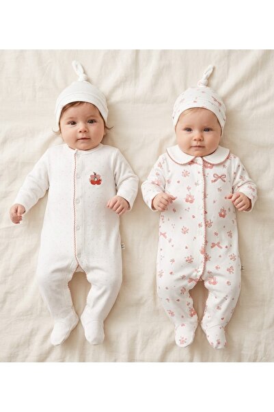 Lovia Baby Kız Bebek Kiraz Baskılı 2li Tulum Set ve Şapkaları