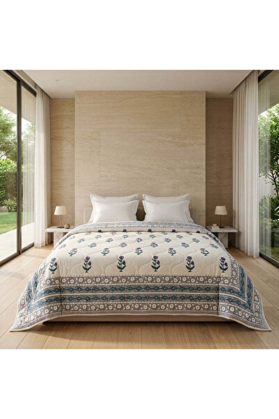 HOUSE OF AVANA Cream & Indigo Blue Floral Jaipur Indian Hand Block Print Quil...