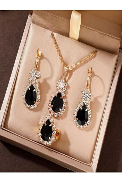 Alyas Aksesuar Water Drop Stone Necklace, Earrings and Ring Set