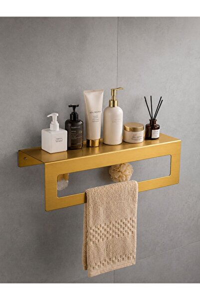 sakase Gold Havluluklu Banyo Rafı – 30 cm Duvara Monte Metal Havlu Askılığı v...