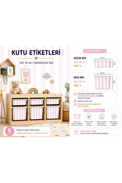 Kosinüs Reklam TROFAST Dekoratif Kutu Etiketi Seti – 6’lı Set- Pembe Çizgili