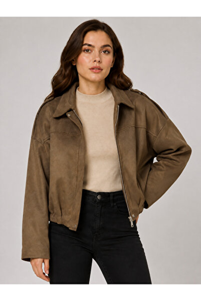 franky B Women's Suede Look Oversize Short Jacket with Zipper and Epaulet Detail