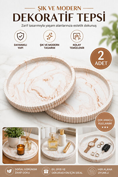 lufen deco Mermer Desenli Dekoratif Tepsi 20 cm Yuvarlak Sunum Düzenleme Teps...