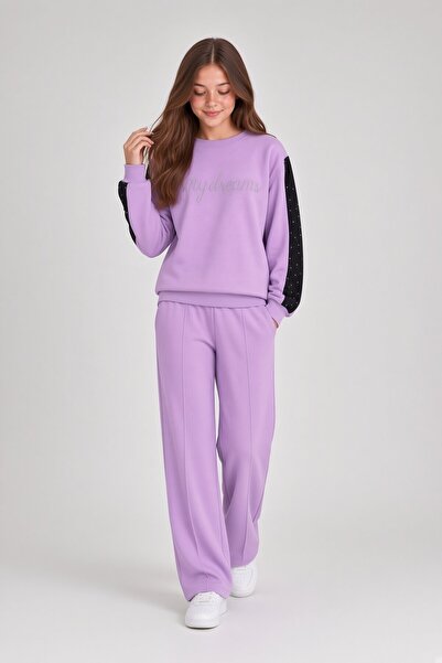 Cansın Mini Lila Kurusu Girl's Sequin Written Crew Neck Tracksuit Set 24837