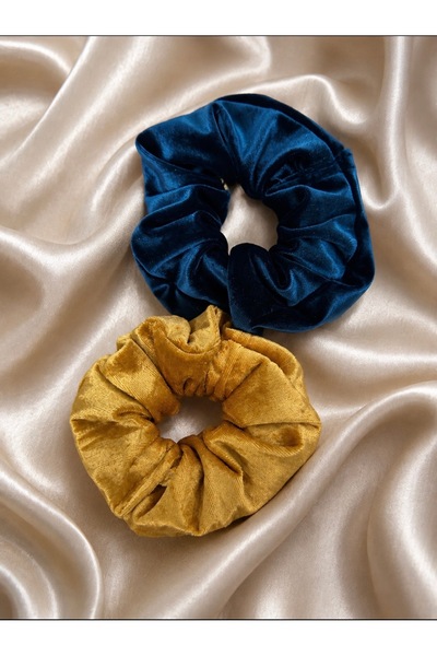 2’li Kadife Oversize Scrunchie Lastik Toka Seti – Lacivert & Hardal