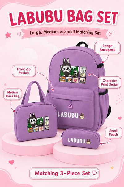 Toy Factory Purple 3-Piece Bag Set – Large School Backpack, Medium Hand Bag & Small Pencil Pouch with Cute Cartoon Print