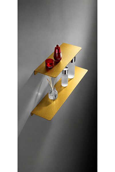 sakase Modern Altın Renk Metal Duvar Rafı – 2 Katlı Dekoratif Duvar Rafı