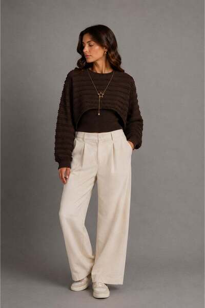 Vadon 1042 women's necklace accessory detailed textured 2 piece blouse set brown