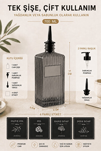 Jenisa 750 ml Glass Oil Dispenser Soap Dispenser Set – Glass Bottle with 2 Di...