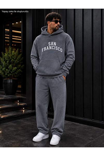 caddekombin Men's San Francisco Stretchy Lettered Sweatpants Set / Hooded Swe...
