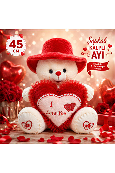 SUDESA OYUNCAK 45 cm Plush Bear with Hat and Heart, Gift for Loved Ones with ...