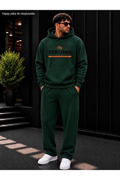 caddekombin Men's Stay Strong Printed Tracksuit Set / Hooded Sweatshirt with ...