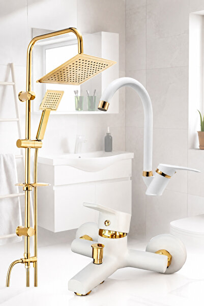 RALKEN Gold Altın Robot Yağmurlama Tepe Duş Banyo Lavabo Batarya Musluk Seti ...