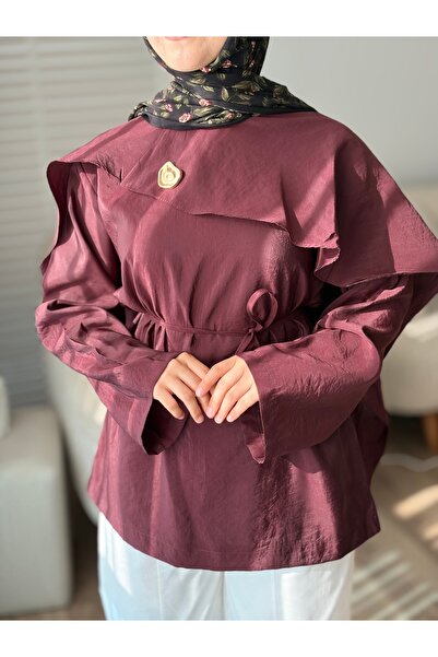 Broşlu Pelerin Bordo Bluz