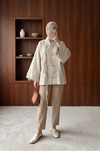 MODAQU Hakim Collar Knotted Parachute Fabric Kimono - Stone