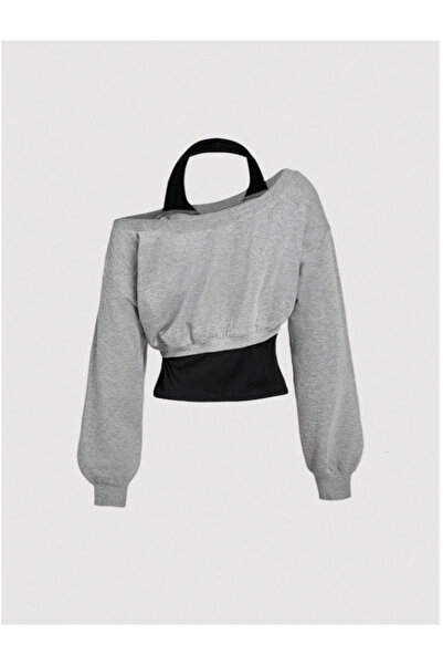 MOONBULL Kadın Asimetrik Kesim 2 si 1 Arada Günlük Pamuklu Crop Sweatshirt