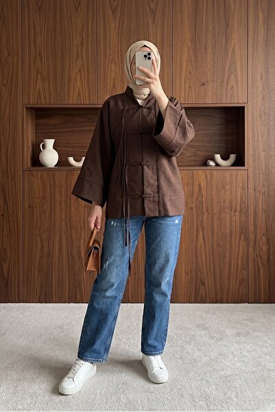 MODAQU Hakim Collar Knotted Parachute Fabric Kimono - Brown