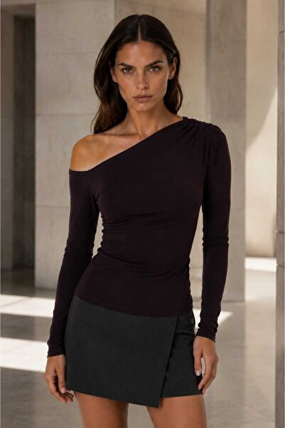 LAVİNİM Asymmetric Collar One-Shoulder Open Modal Cotton Blouse with Ruffle D...