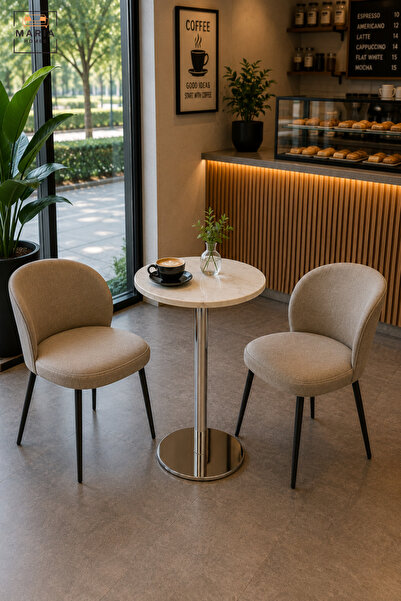 MARIA HOMES Modern Round Café Table with White Top, Polished Silver Pedestal ...