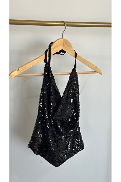 Butik Payetli Boyundan Bağlamalı Halter Bluz