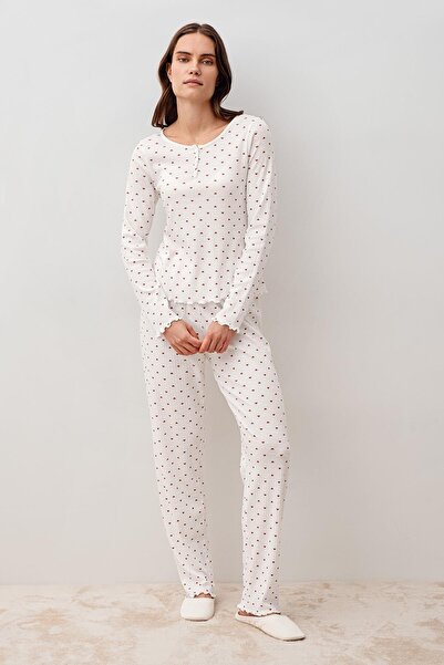 Artış Long Sleeve Heart Buttoned 100% Cotton Pajama Set