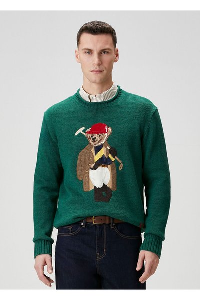 Polo Ralph Lauren Yeşil Ayıcık Jakarlı Keten Kazak