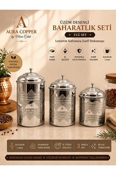 AURA COPPER 3’lü Üzüm Desenli Bakır Baharatlık Seti 1 mm – İçi Kalaylı Kapakl...