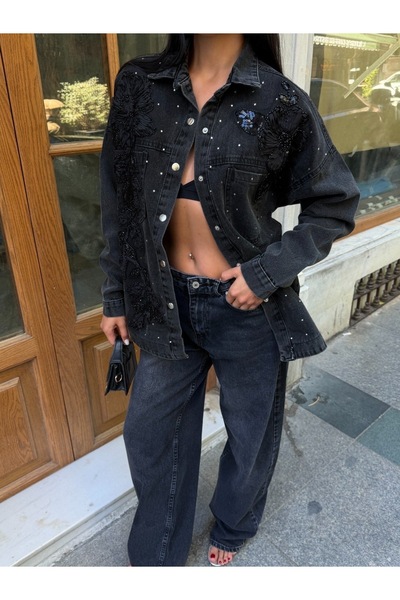franky B Women's Black Floral Appliqué Stone Detailed Oversize Denim Shirt