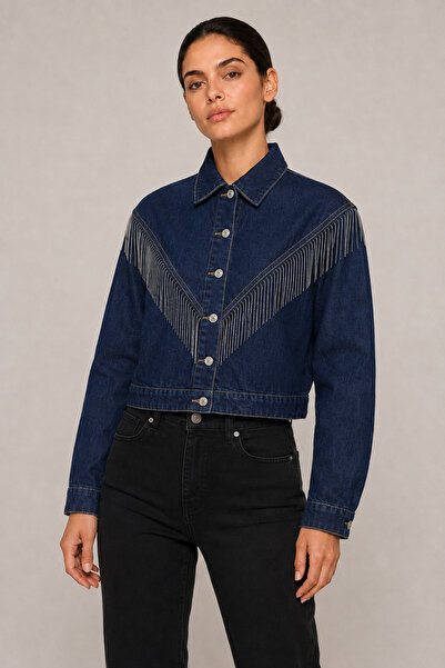 franky B Women's Navy Blue Stone Tassel Detailed Denim Jacket