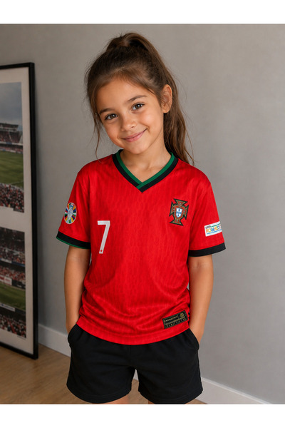 Cheecky Chic Unisex Çocuk Portekiz Ronaldo 7 Forma Kırmızı Futbol Forması Siy...