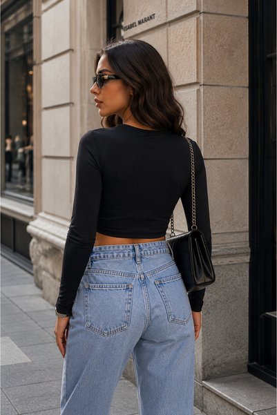 FEWTİNT Women's Black Cotton V-Neck Front Knot Detailed Long Sleeve Crop Blouse