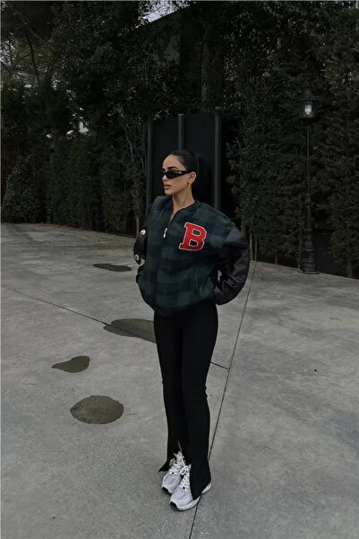 Şeker Portakalım Gingham Pattern Embroidered College Jacket - Khaki