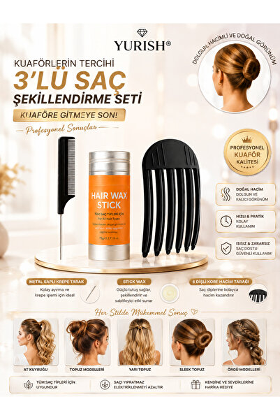 YURISH 3’lü Saç Şekillendirme Seti Stick Wax, Metal Saplı Krepe Tarak ve 6 Dişli Kore Hacim Tarağı