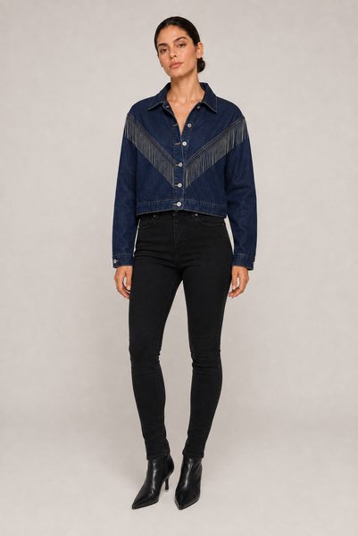 franky B Women's Navy Blue Stone Tassel Detailed Denim Jacket