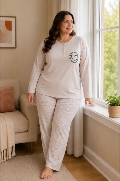 Vesperia Women's Plus Size Long Sleeve Interlock Pajama Set