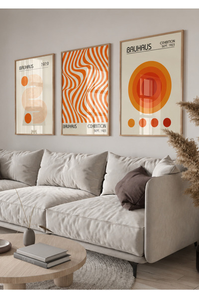 NT Handmade Set de 3 tablouri geometrice retro portocalii Bauhaus, cu rame di...