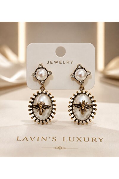 Lavin's Lavin’s Luxury İnci Detaylı Arı Figürlü Gold Vintage Küpe