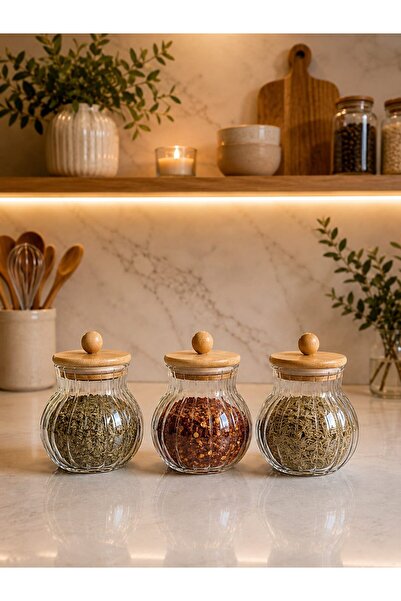 Qerhome Bambu Kapaklı Borosilikat Cam Kavanoz Seti Çizgili Erzak ve Bakliyat Saklama Kabı 3 Ad 500 ML DR 55