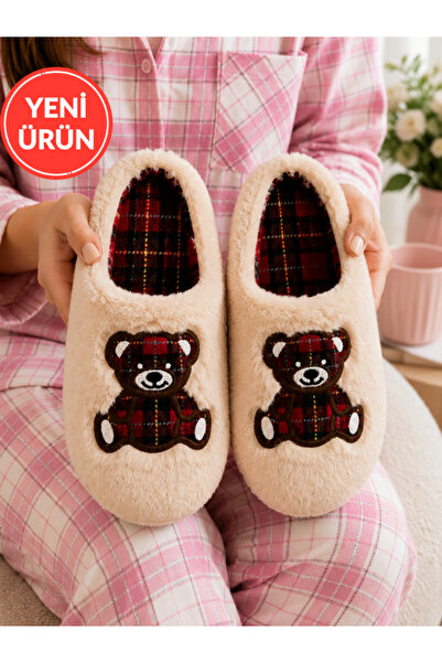 STOCON Plaid Patterned Bear Figured Soft Plush Winter Home Slippers Dowry Sli...