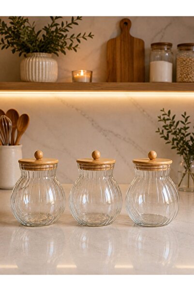 Qerhome Bambu Kapaklı Borosilikat Cam Kavanoz Seti Çizgili Erzak ve Bakliyat Saklama Kabı 3 Ad 1000 ML DR 53