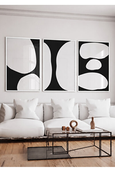 NT Handmade Natural Wood Framed Set of 3 Black and White Abstract Modern Mini...