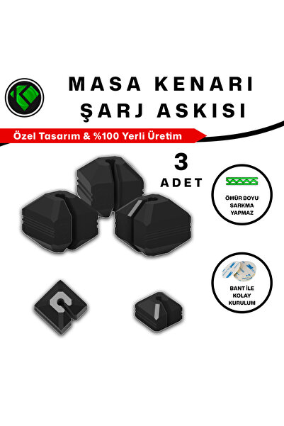 3 Adet Masa Kenarı Şarj Askısı - Güçlü 3m Bantlı Masa Kenarı Kablo ve Şarj Ucu Tutucu Klips