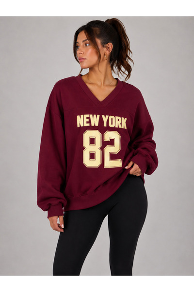 BEYUSİRA Oversize V Yaka New York 82 Baskılı Kadın Sweatshirt Casual Spor Uzu...