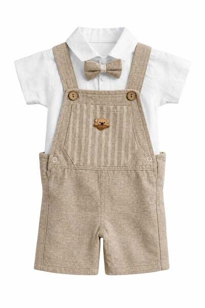 NOBLEKIDS Baby Boy Linen Shirt, Bow Tie and Overalls 3-Piece Set
