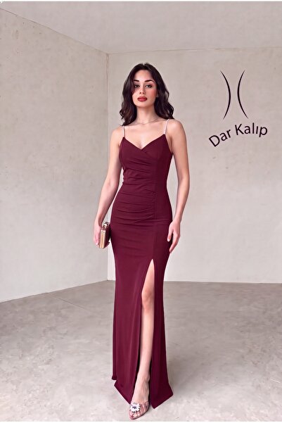 ALFUDO Moda Collection Scuba Fabric Strap Stone Detail Thin Strap Slit Evenin...