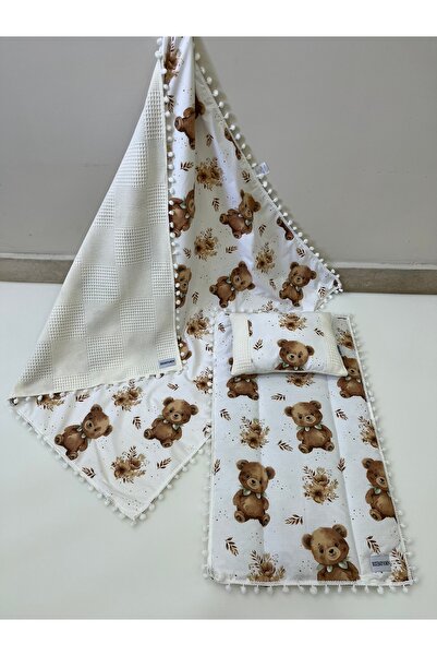 BUSEBABYHOME Poplin Fabric and Pompom Bottom Cover, Pillow and Blanket Set of 3