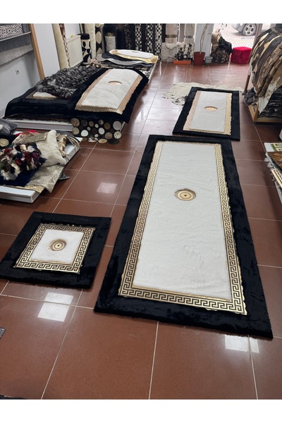 Deri Halı Dünyası Siyah Beyaz Renkli Gold Varaklı Peluş Koridor Halısı