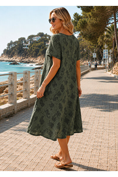 moonra collection Khaki Ethnic Pattern Midi Trend Standard Dress