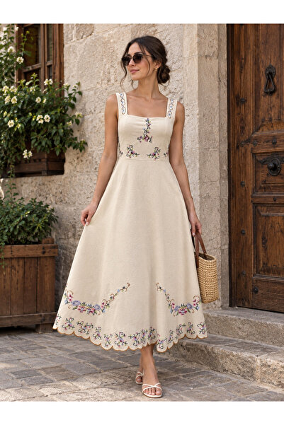 Nes Moda Kadın Kare Yaka Nakış İşlemeli Pamuk Keten Elbise